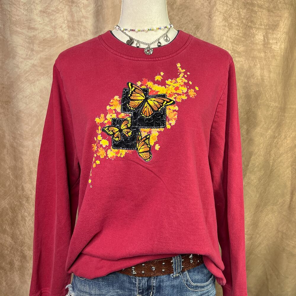 Embroidered Butterfly Sweater Monarch Fall Foliage Crewneck Sweatshirt Vintage